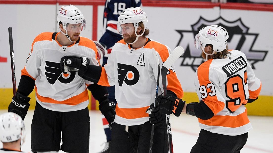 Michael Raffl, Sean Couturier et Jakub Voracek.