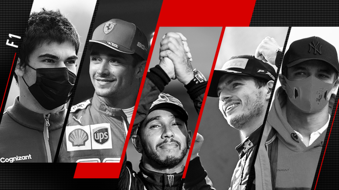 Lance Stroll, Charles Leclerc, Lewis Hamilton, Max Verstappen et Lando Norris