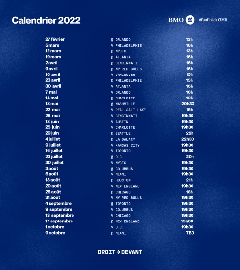 Le calendrier de la saison 2022 du CF Montréal