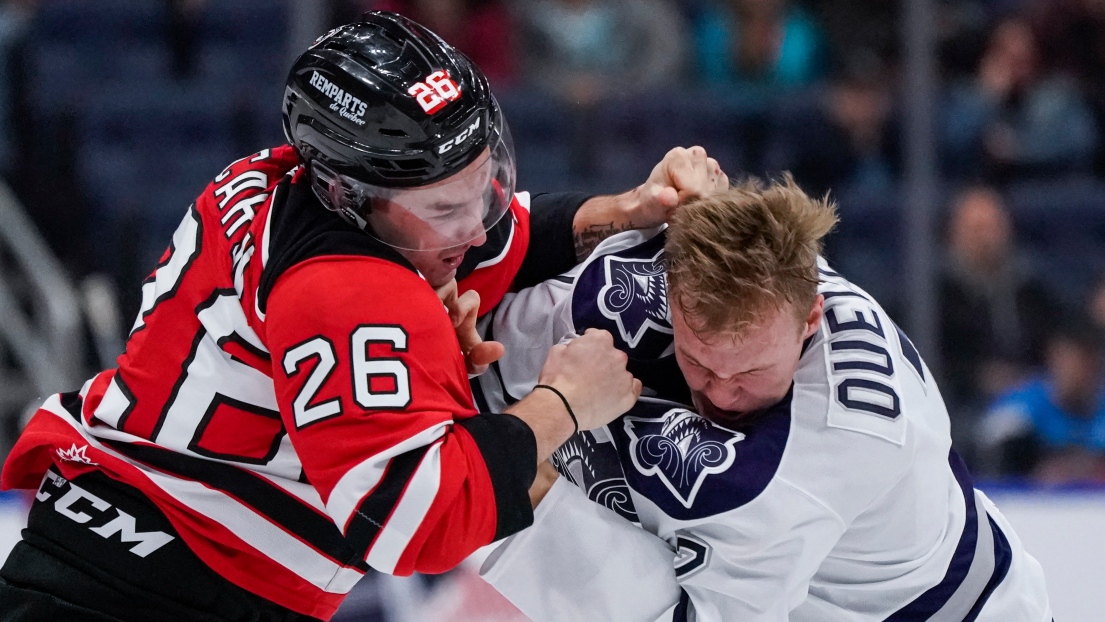 Un combat entre deux joueurs de la LHJMQ en 2019.