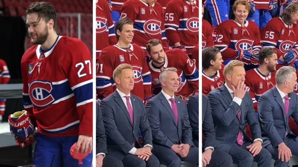 Jonathan Drouin vole la vedette avec un sac à pet lors de la photo d’équipe des Canadiens