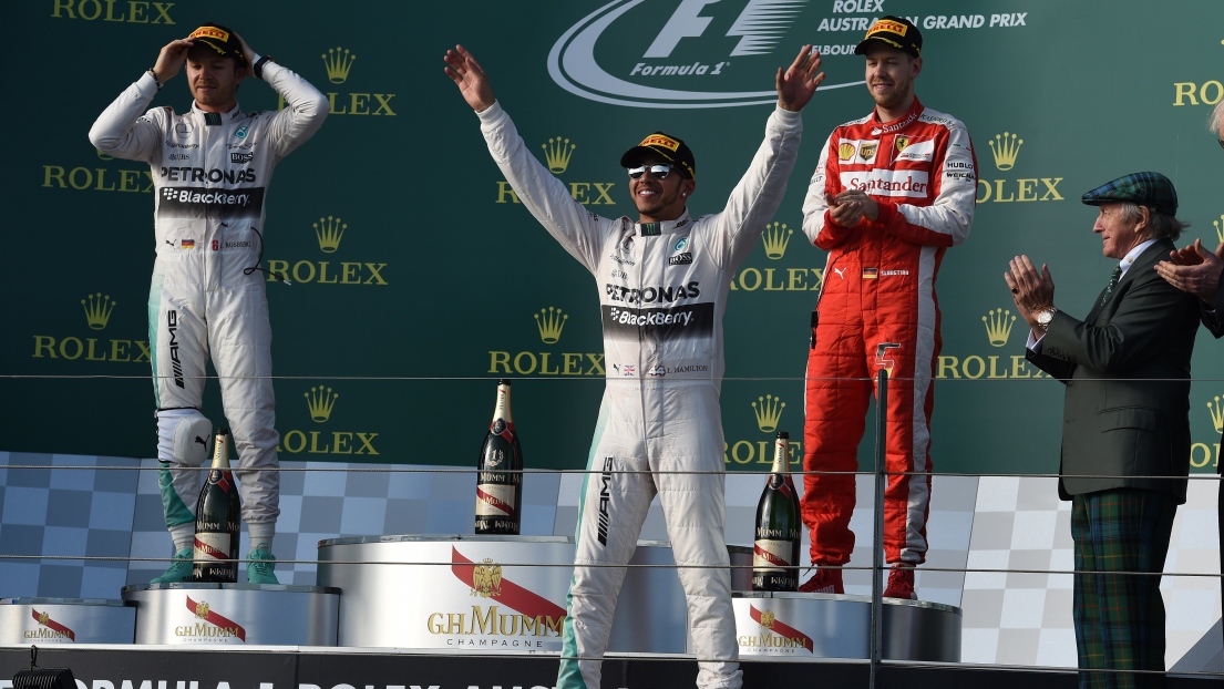 Lewis Hamilton, Nico Rosberg et Sebastien Vettel
