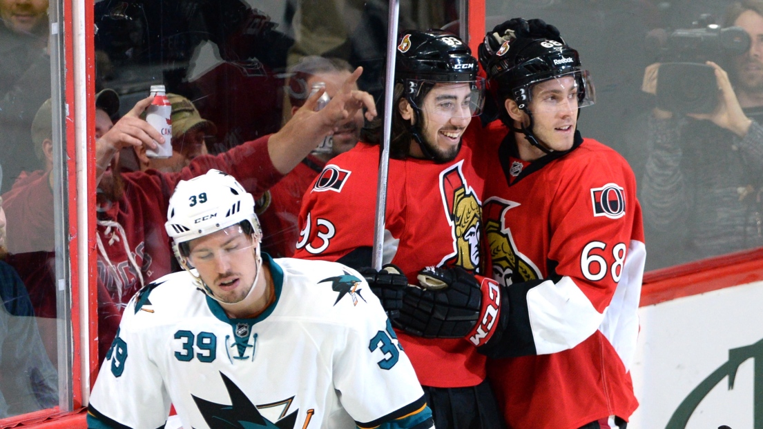 Logan Couture, Mika Zibanejad et Mike Hoffman