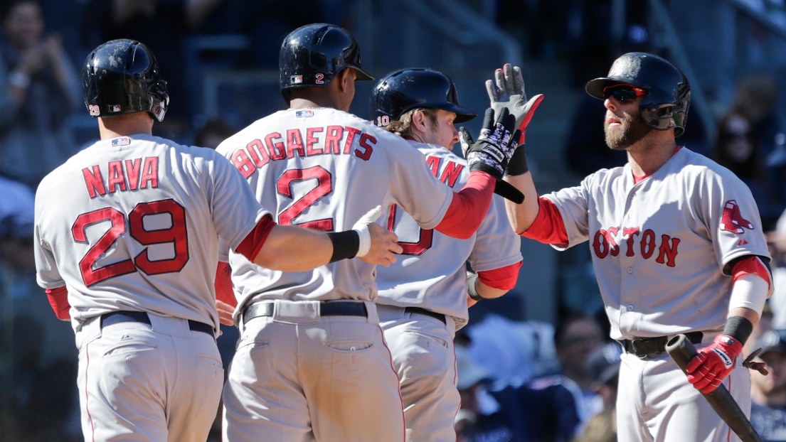 Daniel Nava, Xander Bogaerts, Ryan Hanigan et Dustin Pedroia