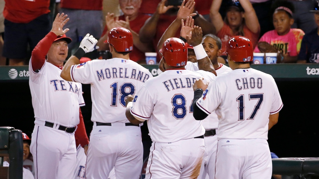 Jeff Banister, Mitch Moreland, Prince Fielder et Shin-Soo Choo