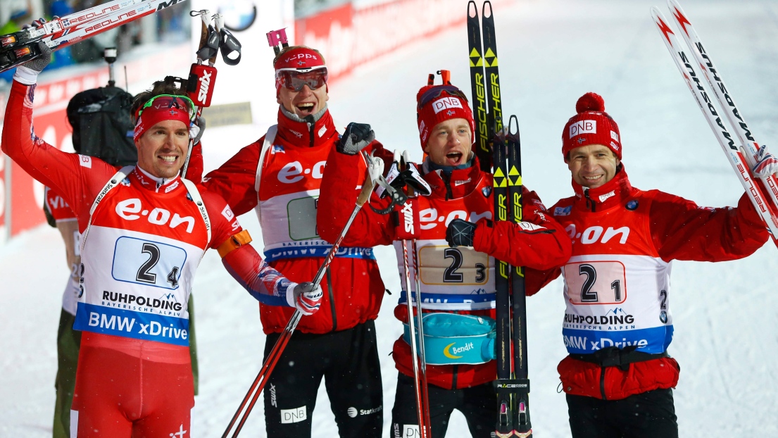 Emil Hegle Svendsen, from left, Johannes Thingnes Boe, Tarjei Boe et Ole Einar Bjoerndalen