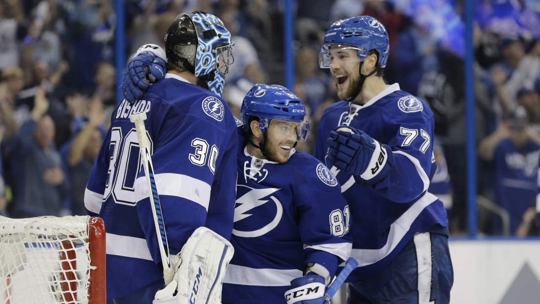 Ben Bishop, Jonathan Marchessault et Victor Hedman