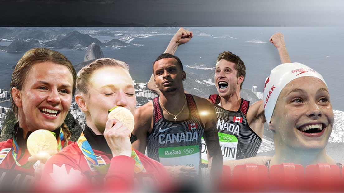 Erica Wiebe, Rosie MacLennan, Andre De Grasse, Derek Drouin et Penny Oleksiak