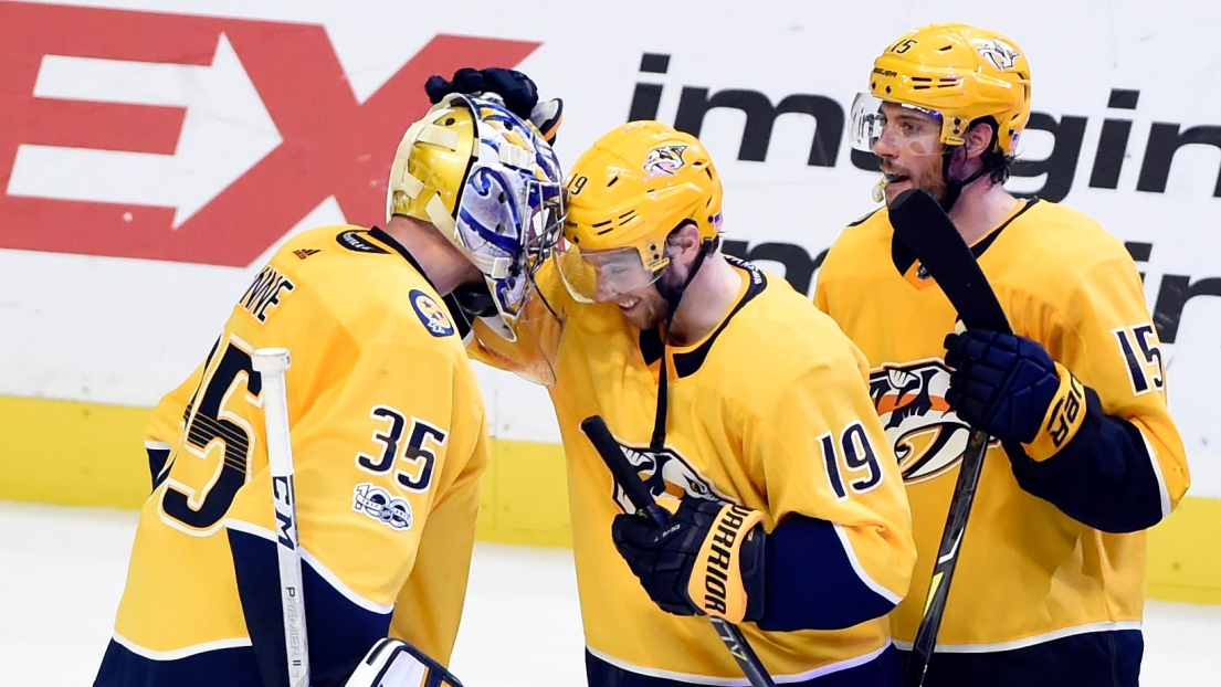 Pekka Rinne, Calle Jarnkrok et Craig Smith 