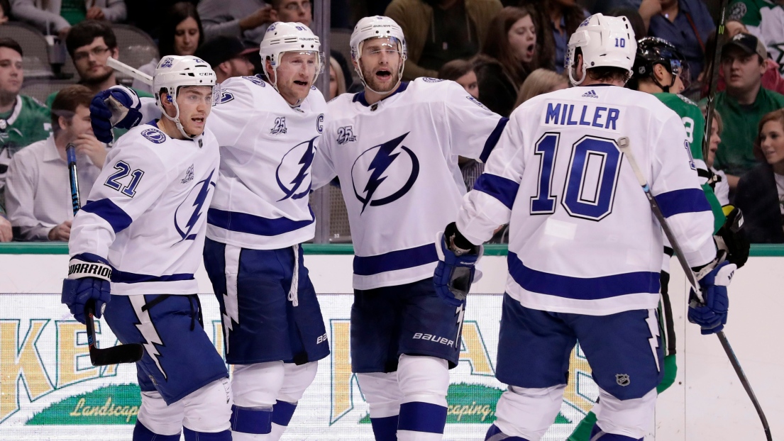 Brayden Point, Steven Stamkos, Dan Girardi et J.T. Miller