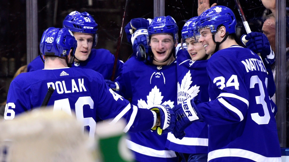 Roman Polak, Jake Gardiner, William Nylander, Zach Hyman and Auston Matthews 