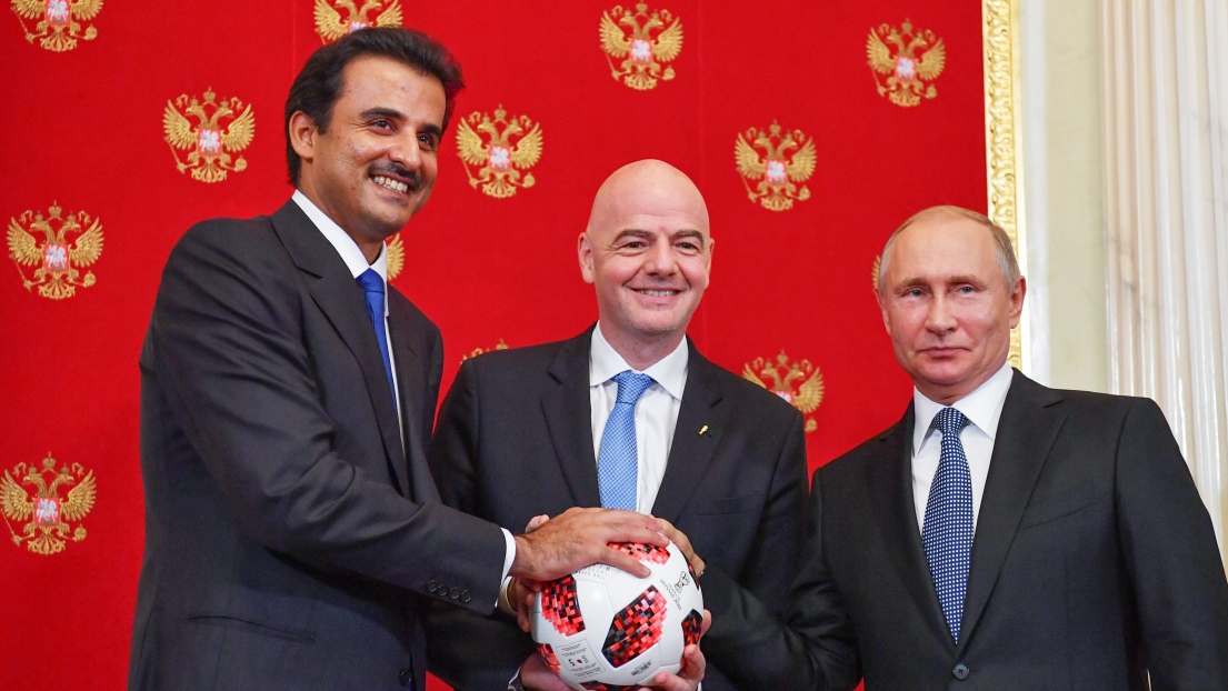 L'émir Sheikh Tamim bin Hamad Al Thani, Gianni Infantino et Vladimir Poutine