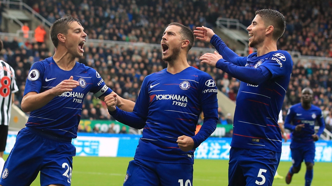 Eden Hazard, Cesar Azpilicueta et Filho Jorge Jorginho