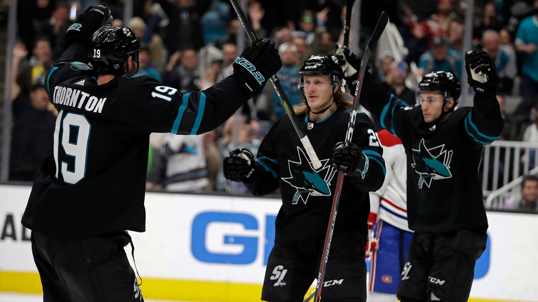 Joe Thornton, Marcus Sorensen et Kevin Labanc