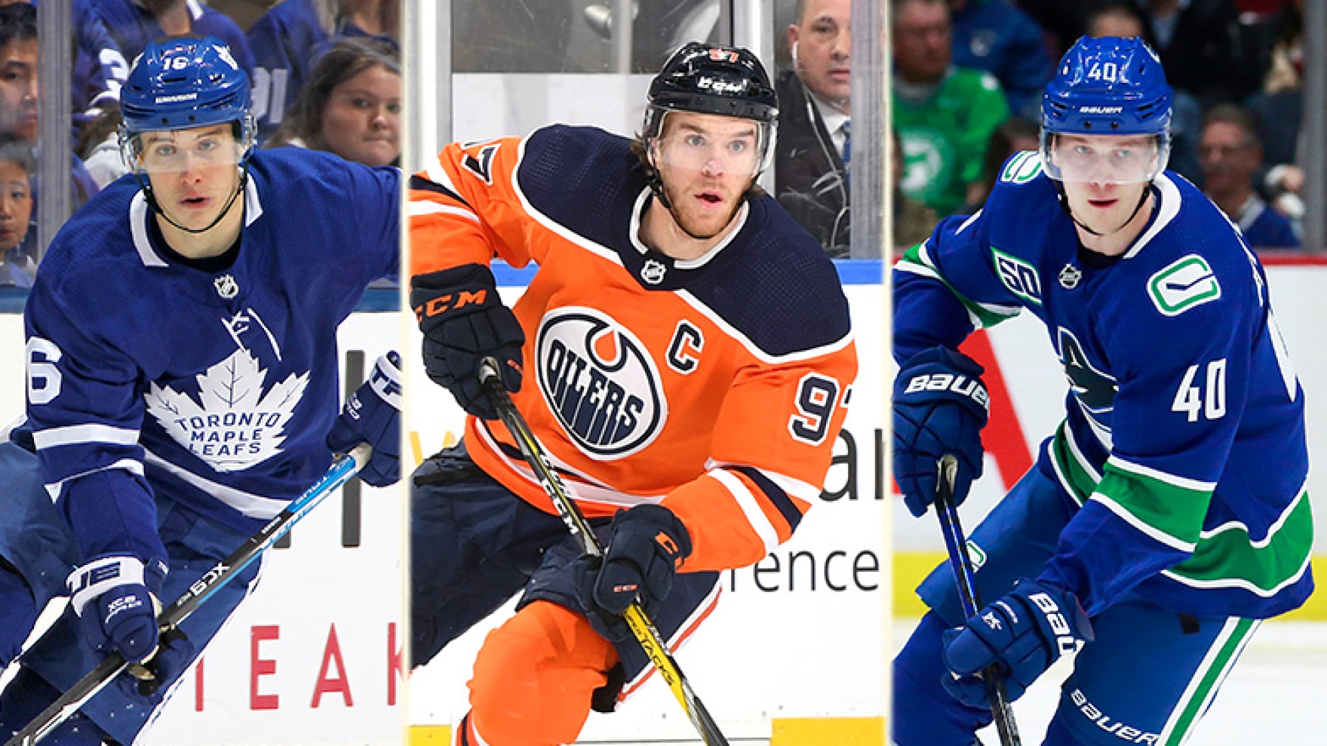 Mitch Marner, Connor McDavid et Elias Pettersson. Top-20 moins de 22 ans dans la LNH
