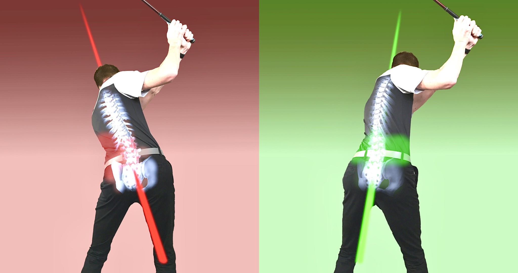 En rouge, un exemple de l’inversion de l’angle de la colonne vertébrale au sommet de l’élan comparativement à la photo en vert, qui démontre une posture adéquate.